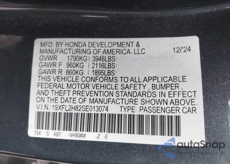 2025 Honda Civic Sedan Sport z USA, uszkodzony, nr VIN 19XFL2H82SE013074